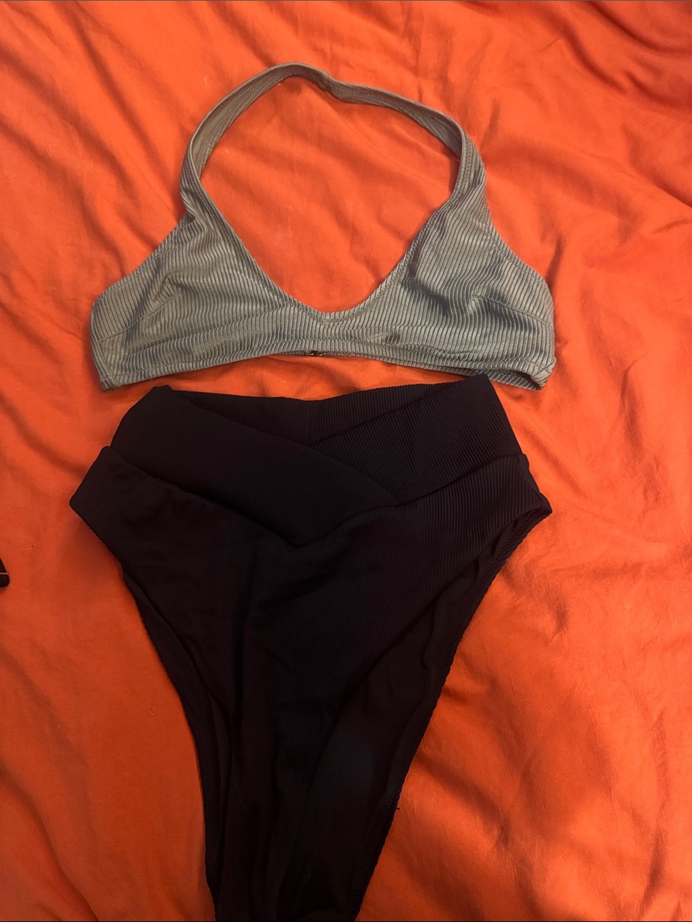 aerie Ribbed Light Gray/Black High-Waist Bikini Set